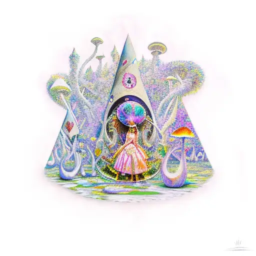 A Psychedelic Scene Of Alice In Wonderland Surrounded By Magical Mushrooms And Pink Floyd References