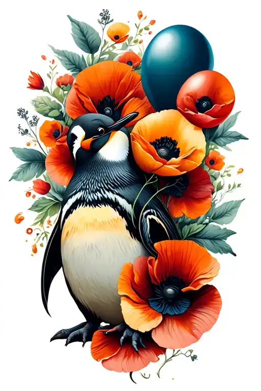 Penguin With Poppies Intertwined And Holding A Balloon