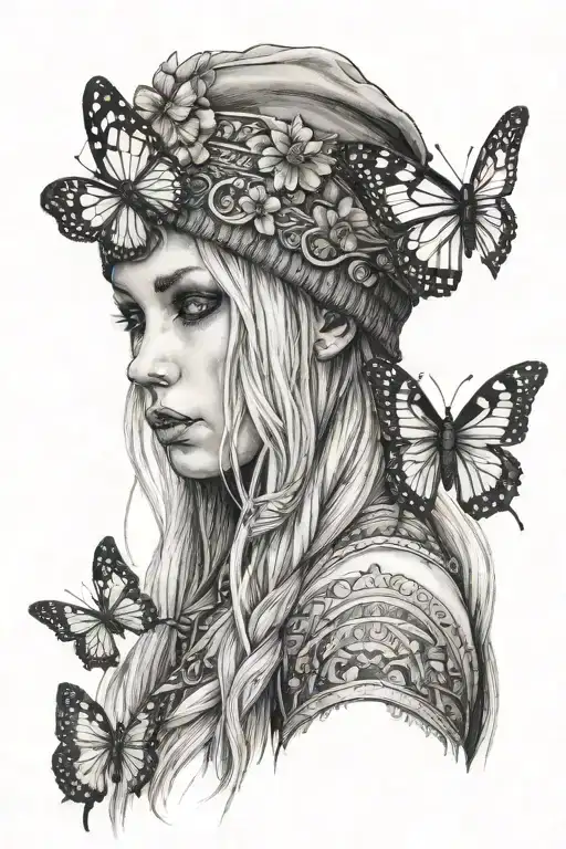 Emo Viking Girl In Beanie With Butterfly On Hand