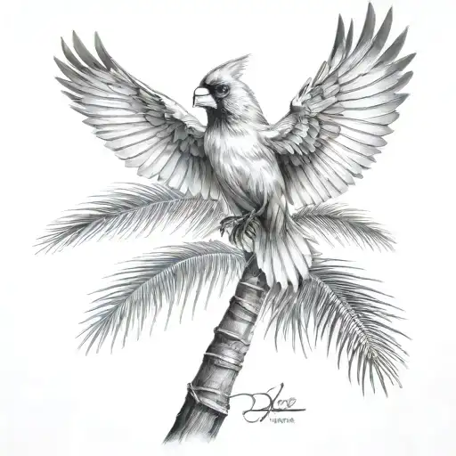 Flying Cardinal And Palm Tree