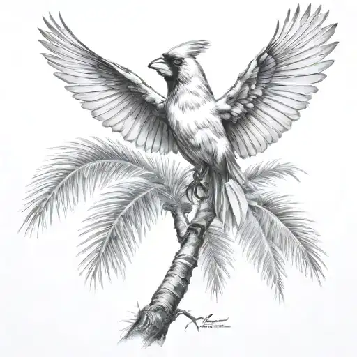 Flying Cardinal And Palm Tree