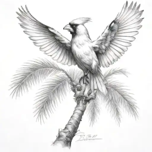 Flying Cardinal And Palm Tree