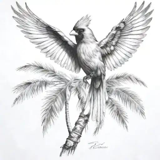 Flying Cardinal And Palm Tree