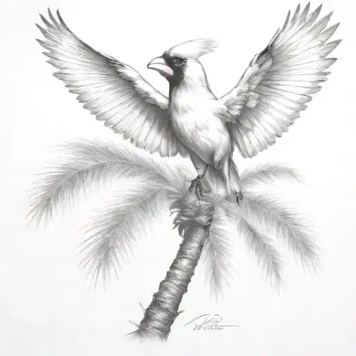 Flying Cardinal And Palm Tree