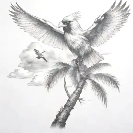 Flying Cardinal And Palm Tree And Clouds