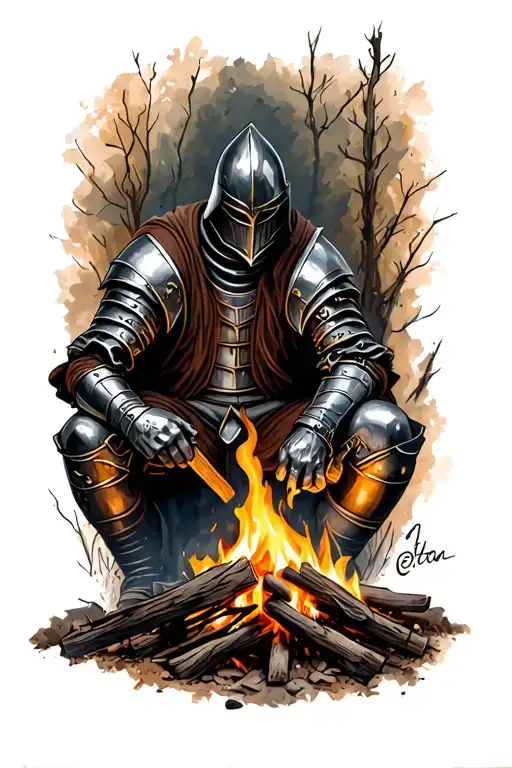 Knight Sitting At A Campfire