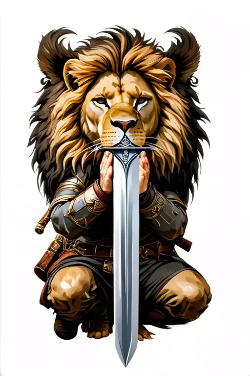 Sword And Lion And A Crouching Soldier Praying