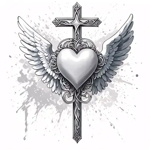 Cross With Heart In The Middle And Angel Wings