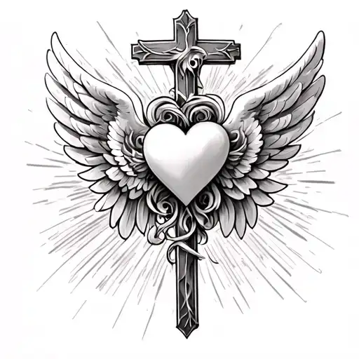 Cross With Heart In The Middle And Angel Wings