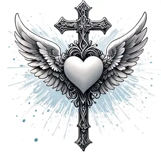 Cross With Heart In The Middle And Angel Wings
