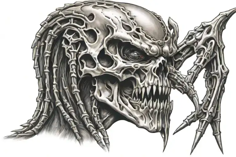 The Predator Holding A Skull Spine Tatoo