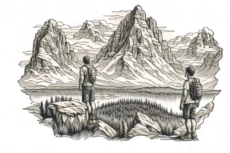 Son Standing In Front Of Mountains