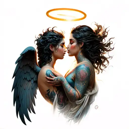 Demon And Angel Whisper With An Halo And