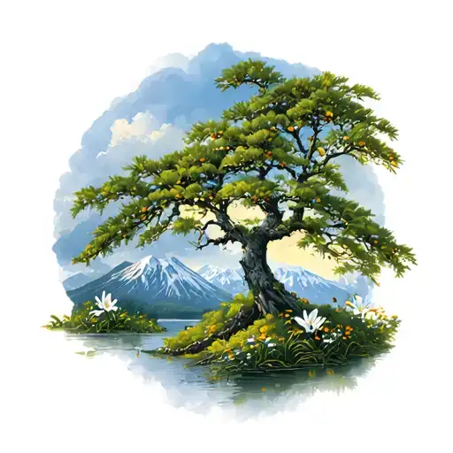 Juniper Tree With Berries Mountain Scene With Lilies