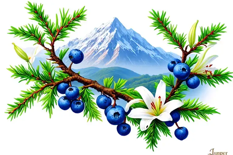 Juniper Tree With Blue Berries Mountain Scene With Lilies