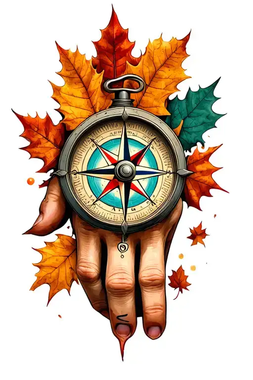 A Detailed Compass Hand Tattoo Featuring Fall Foliage
