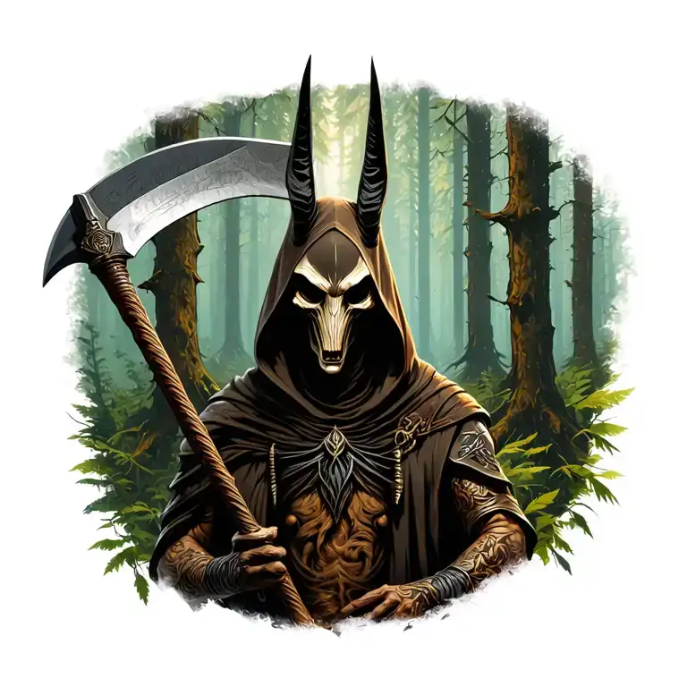 Reaper Anubis Hooded With Scythe In Forest