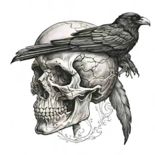 Poe Portrait Black Raven Perched On A Skull