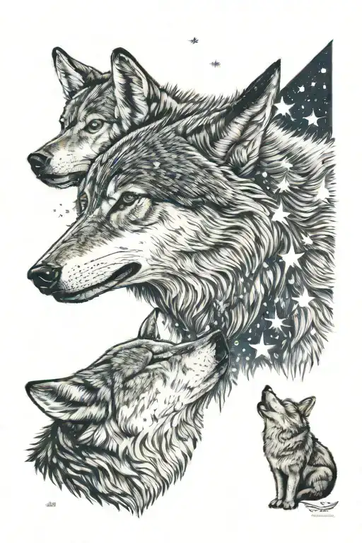 Wolfs Howling At The Moon Surrounded By Stars