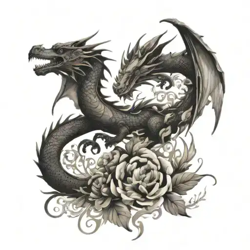 Dragon And Animal Silhouettes Intertwined With Floral Elements