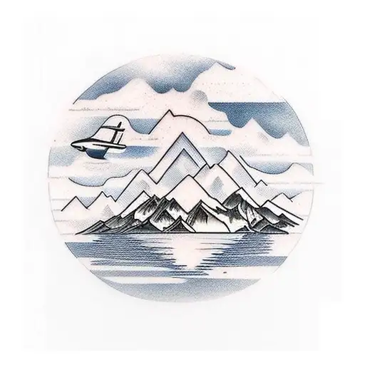 Sunset Over A Lake With A Mountain And A Plane In The Sky