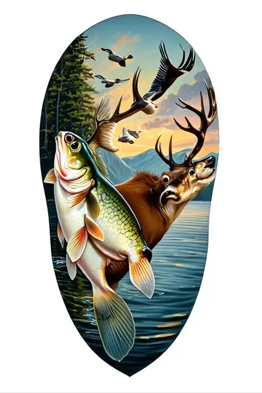 Walleye Fish Incorporated With A Deer And Ducks Flying