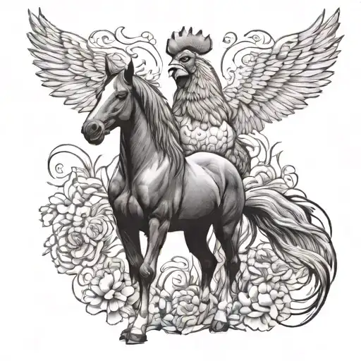 Horse And Rooster Standing Proudly