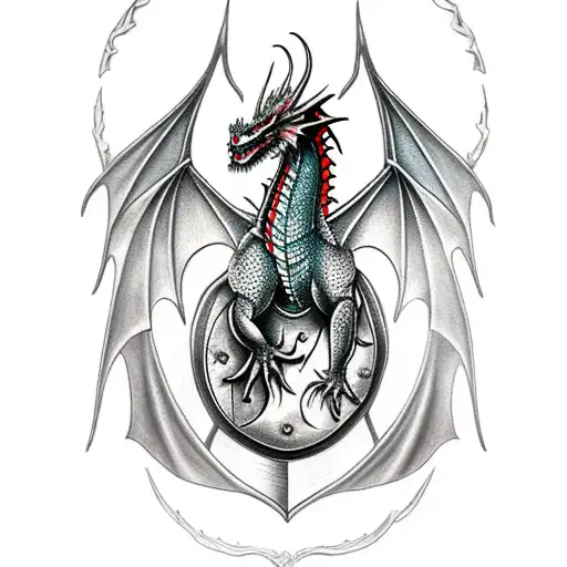 Mystical Dragon Perched On A Shield