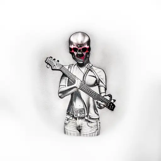 A Realistic Tattoo Of A Character From A Horror Video Game Playing The Guitar