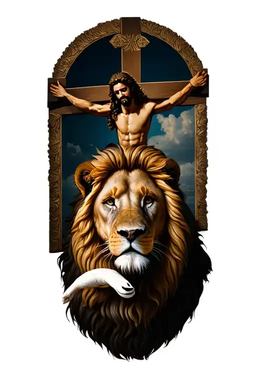 Jesus Cross Surrounded By Lion Of Judah Laying With The Lamb