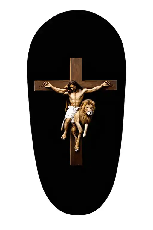 Jesus Cross Surrounded By Lion Of Judah Laying With The Lamb