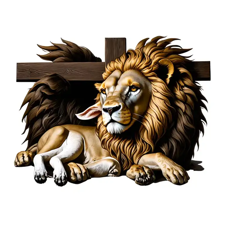Lion Of Judah Lying With The Lamb At The Cross