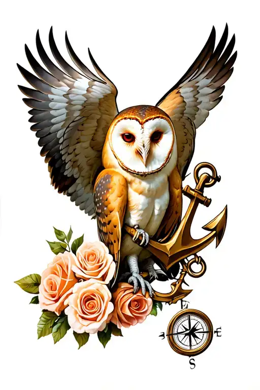 Barn Owl Flying Holding An Anchor Covered In Roses With A Compass Behind The Owl