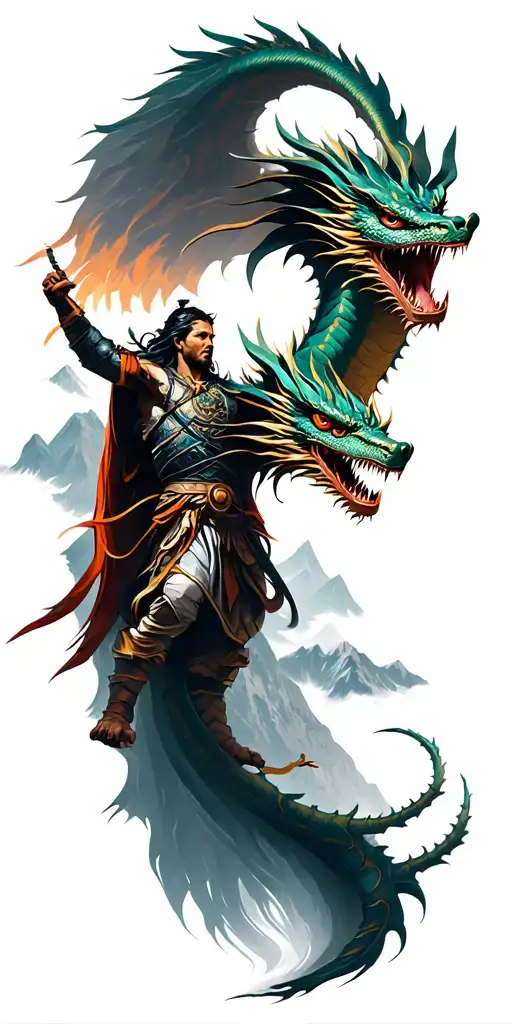 Mountain And Warrior In Peace And Dragon Flying