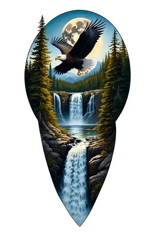 Forest With A Waterfall In The Middle And A Bald Eagle Flying With A Moon In The Background