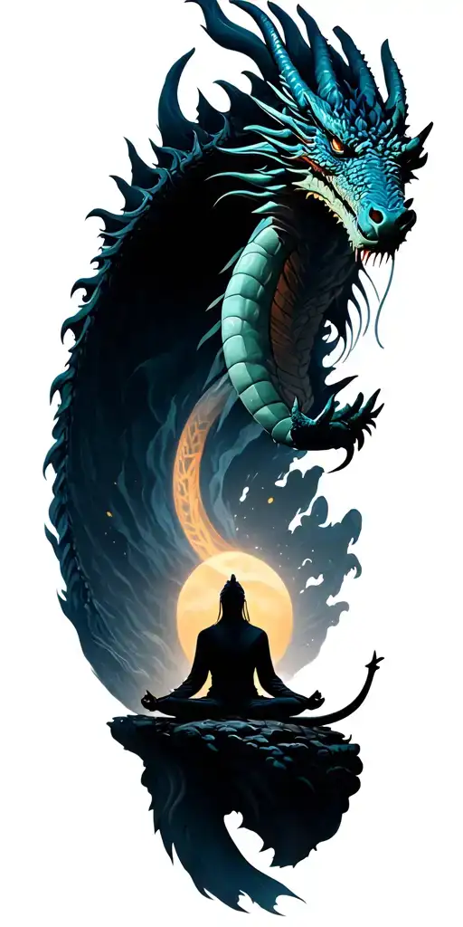 Mountain And Warrior In Peace Meditating And Single Dragon Flying In Infinity