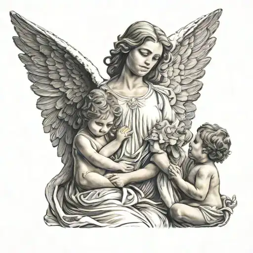 Woman Angel With Wings Holding Hands Of 2 Kids