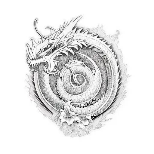 Manga Con Dragon En Escala De Grises Rodeado De Flores Japonesas En Color