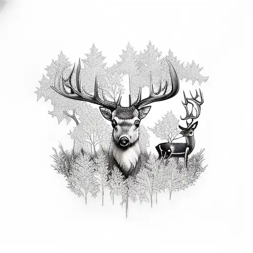 Thigh Tattoo Of Forest With Deer And River