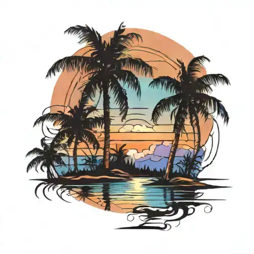 Palm Trees Colors Sunset Over Lake