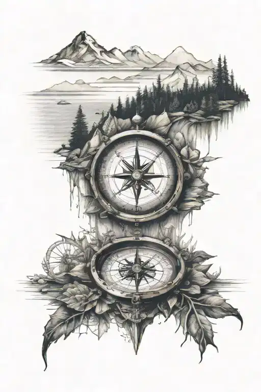 Sea Compass Above Mountains Ad A Forestsed Lake