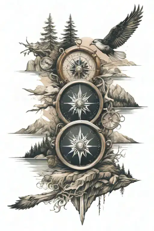 Sea Compass Above Mountains Ad A Forestsed Lake Scene