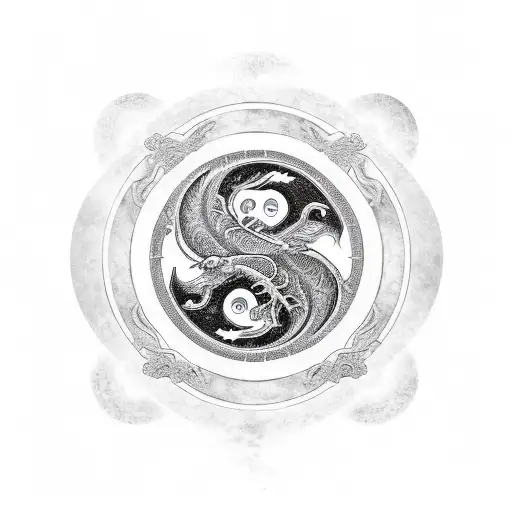 A Yin Yang Symbol With A Dragon And It Elements In Black-grey Style