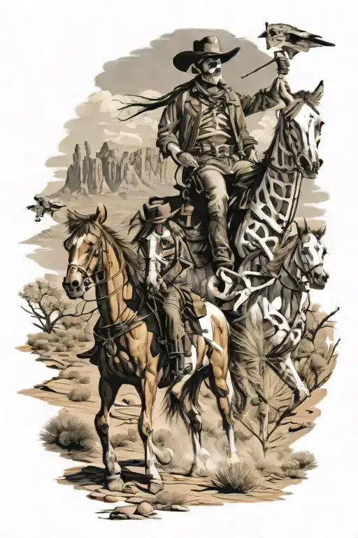 Skeleton Cowboys On Horses In Desert Landscape