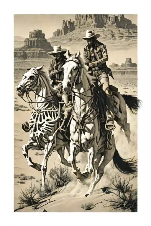 Skeleton Cowboys On Horses In Desert Landscape