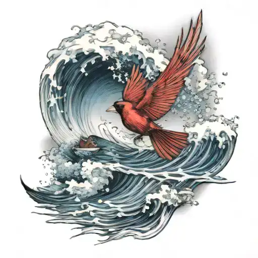 Flying Cardinal And The Ocean Wave Crashing