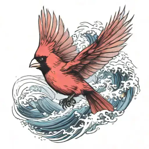 Flying Cardinal And The Ocean Wave Crashing