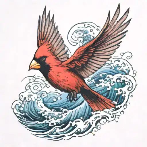 Flying Cardinal And Ocean Wave