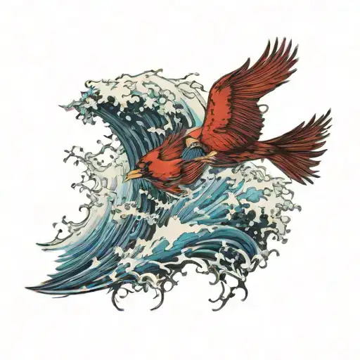 Ocean Wave And Cardinal Flying