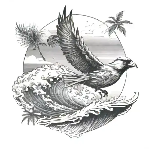 Flying Cardinal And Rolling Wave And Palm Tree